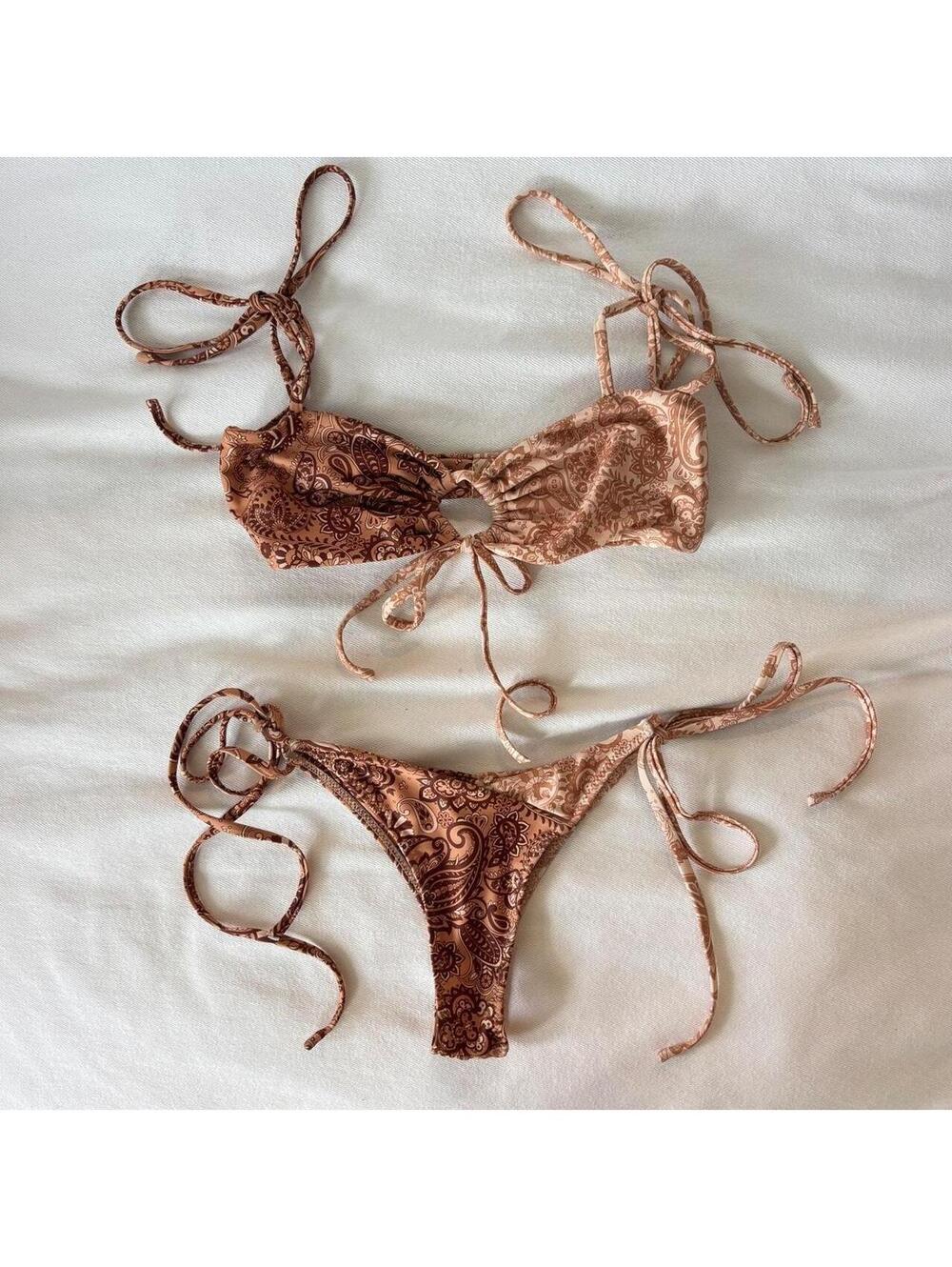 Tiger Mist Brown Paisley Two Piece Bikini Set XS